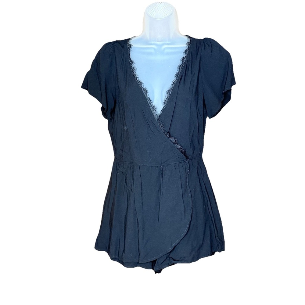 Express Romper Women‎ 4 Black Wrap V Neck Lace Trim Boho Minimalist Festival